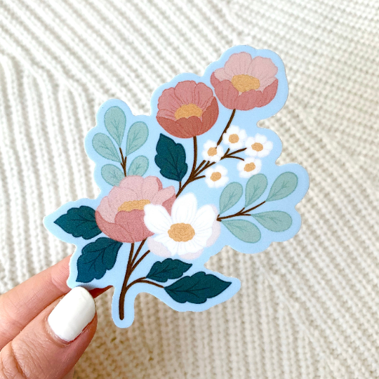 White Pink Blue Floral Sticker